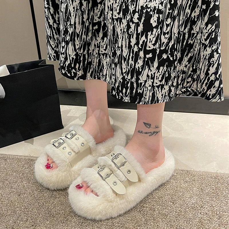 Women’s Faux-Fur Buckle Slippers – Plush Open-Toe Platform Slides with Double Adjustable Straps