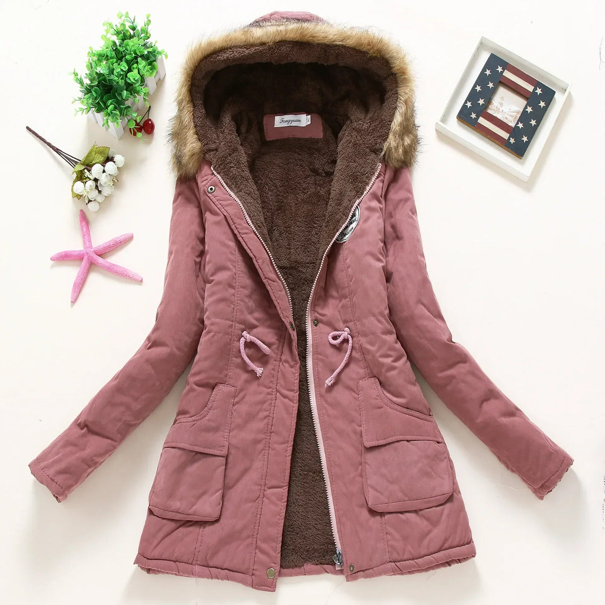 Women’s Faux-Fur Hooded Winter Parka – Fleece-Lined Drawstring Jacket for Warm Everyday Cold-Weather Wear