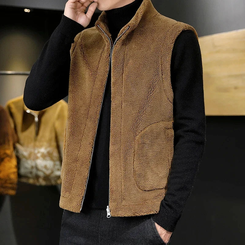 Men’s Sherpa Fleece Winter Vest – Reversible Stand-Collar Sleeveless Zip-Up Gilet for Warm Casual Layering