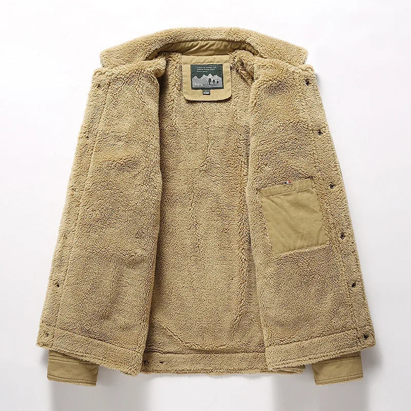 Men’s Sherpa-Lined Utility Jacket – Warm Button-Front Coat with Multi-Pocket Design