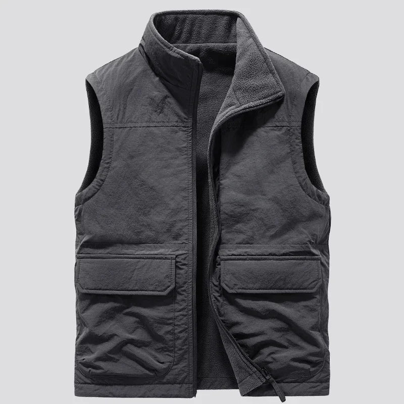 Men’s Reversible Fleece Vest – Multi-Pocket Sleeveless Winter Layer with High Stand Collar