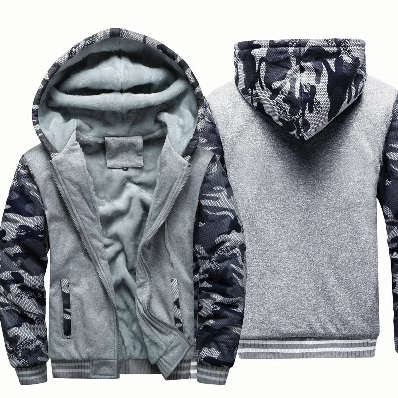 Men’s Plush Hooded Fleece Jacket – Thick Zip-Up Winter Layer with Ribbed Cuffs