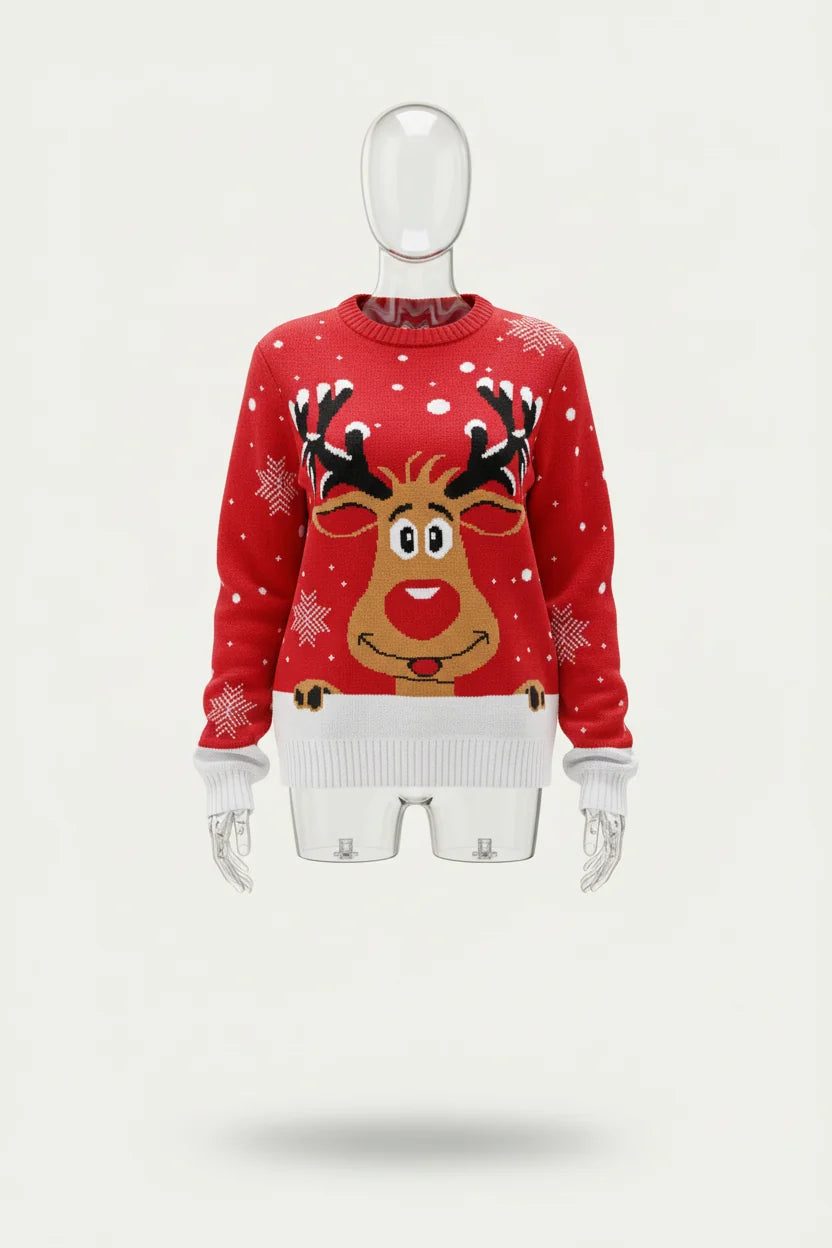 Women’s Holiday Pattern Sweater – Playful Crew Neck Knit for Christmas Events