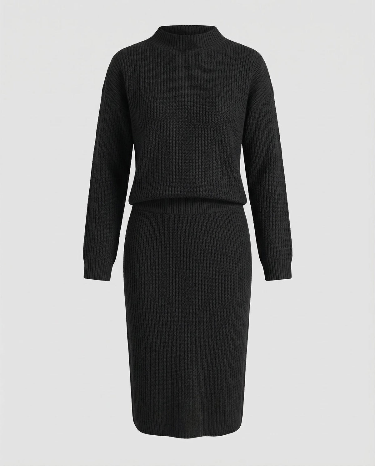 Women’s Knitted Set – Stand-Collar Jumper with Midi Skirt