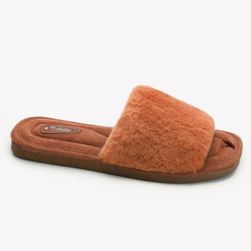 Women’s Plush Slide Slippers – Open-Toe Faux-Fur House Shoes with Soft Cushioned Footbed