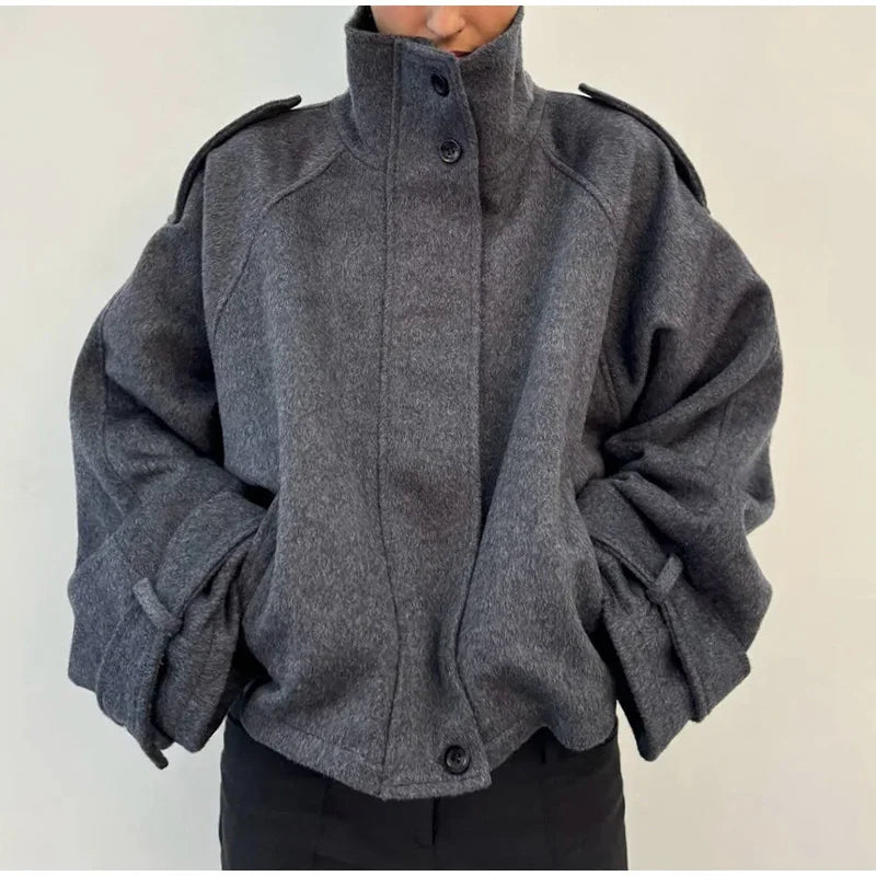 Women’s Oversized High-Neck Winter Jacket – Relaxed Drop-Shoulder Button-Front Coat with Utility Epaulettes