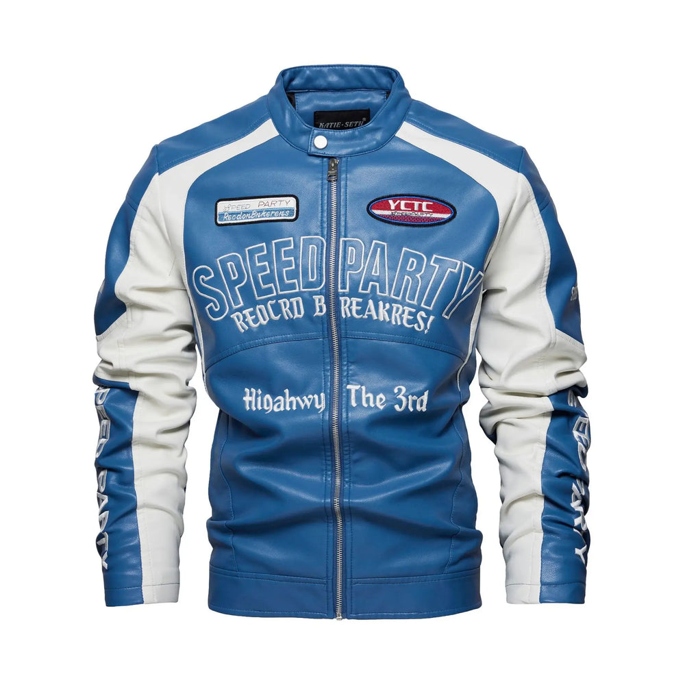 Men’s Embroidered Leather Biker Jacket – Racing-Inspired Zip-Up Design with Stand Collar