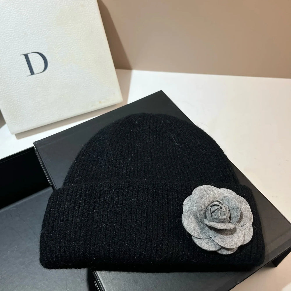 Women’s Rabbit-Fur Knit Winter Beanie – Soft Ribbed Warm Hat with Camellia Flower Detail
