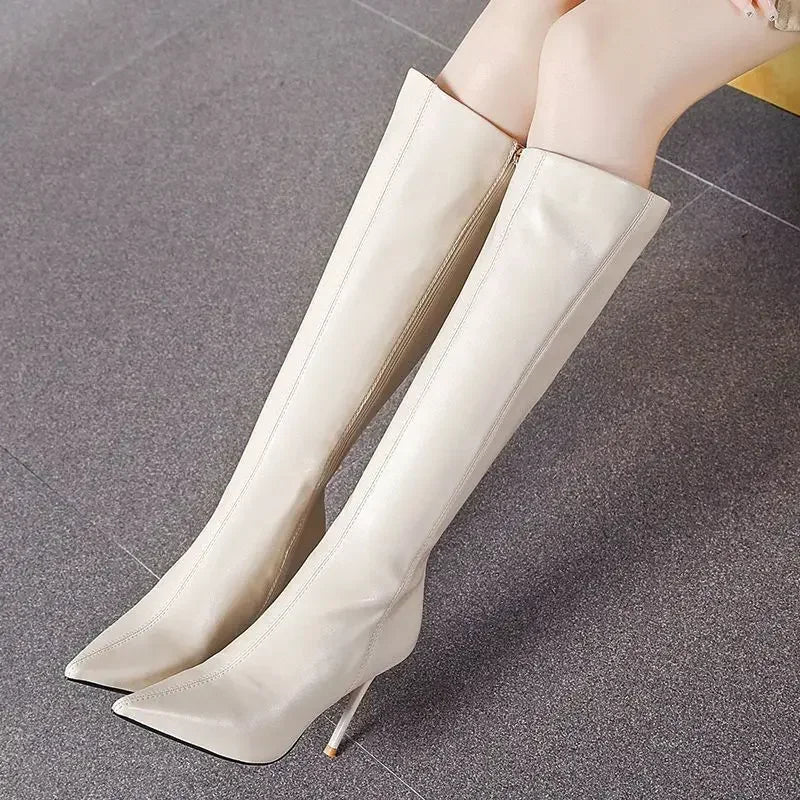 Women’s Sleek Pointed-Toe Knee-High Boots – Stiletto-Heel Side-Zip Leather-Look Winter Boots