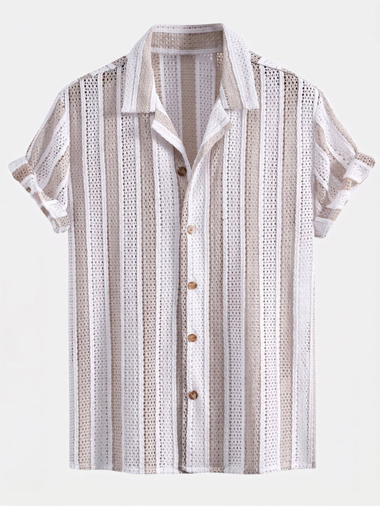 Men’s Mesh Cuban Shirt Set – Linen Blend Drawstring Shorts for Summer Resort Wear