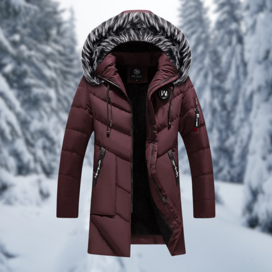 Men’s Fur-Trim Hooded Puffer Coat – Long Insulated Winter Outerwear for Cold Days