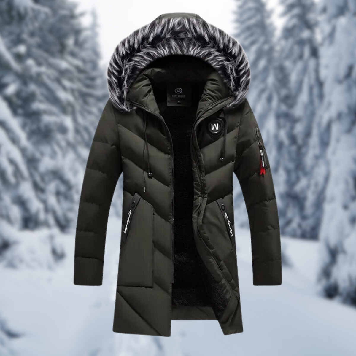 Men’s Fur-Trim Hooded Puffer Coat – Long Insulated Winter Outerwear for Cold Days