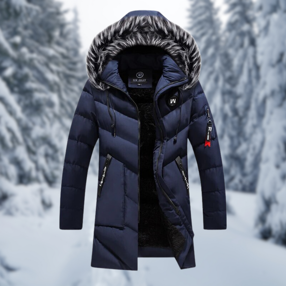 Men’s Fur-Trim Hooded Puffer Coat – Long Insulated Winter Outerwear for Cold Days