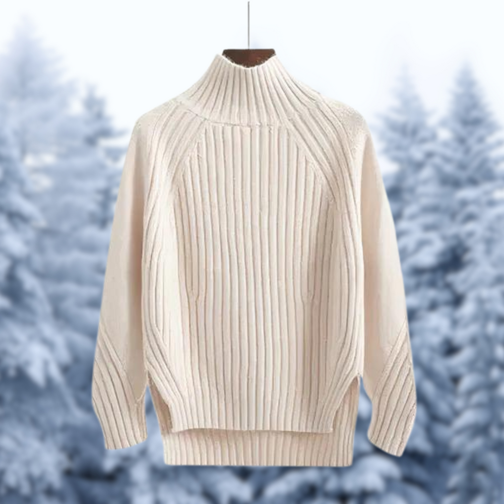 Women’s Ribbed High-Neck Knit Sweater – Relaxed Textured Winter Layer for Everyday Comfort