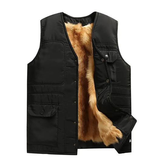 Men’s Fur-Lined Winter Bodywarmer – Warm V-Neck Sleeveless Vest with Zip and Button Closure for Cold-Weather Layering
