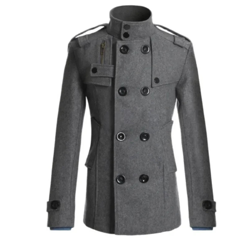 Men’s Double-Breasted Military Jacket – Structured Stand-Collar Coat with Epaulettes and Utility Pockets