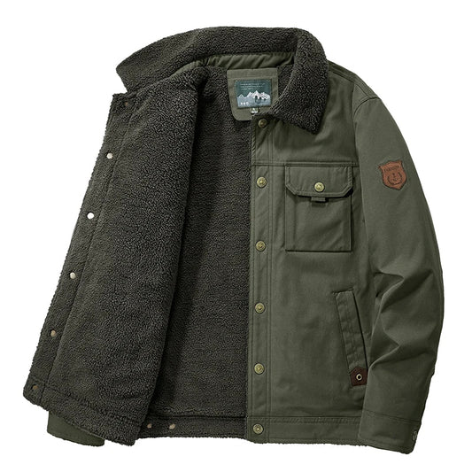 Men’s Sherpa-Lined Utility Jacket – Warm Button-Front Coat with Multi-Pocket Design
