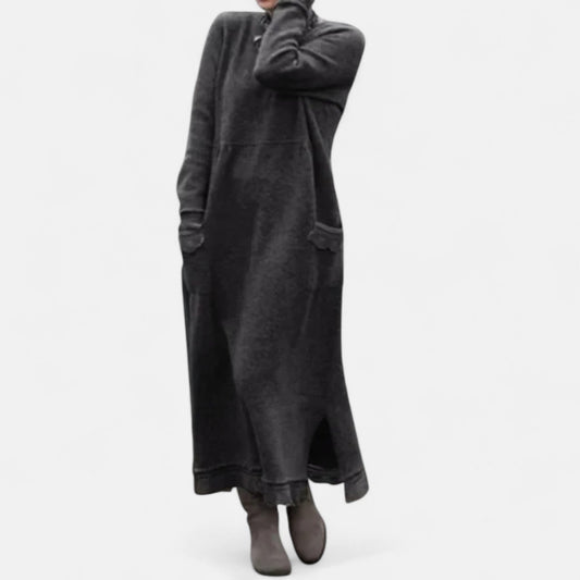 Women’s Knitted Maxi Dress – Stand-Collar Jumper Dress with Pockets