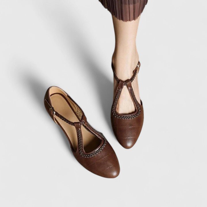 Women’s Vintage T-Bar Pumps – Braided Strap Low Block Heels for Smart Casual Wear