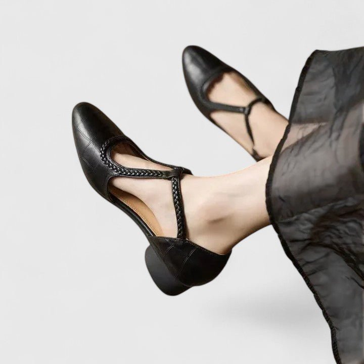 Women’s Vintage T-Bar Pumps – Braided Strap Low Block Heels for Smart Casual Wear
