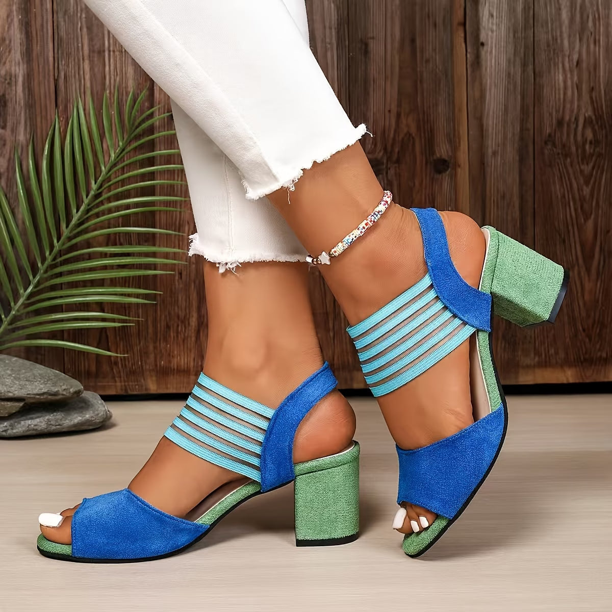 Women’s Elastic Strap Block Heel Sandals – Comfortable Open-Toe Style for Spring and Summer