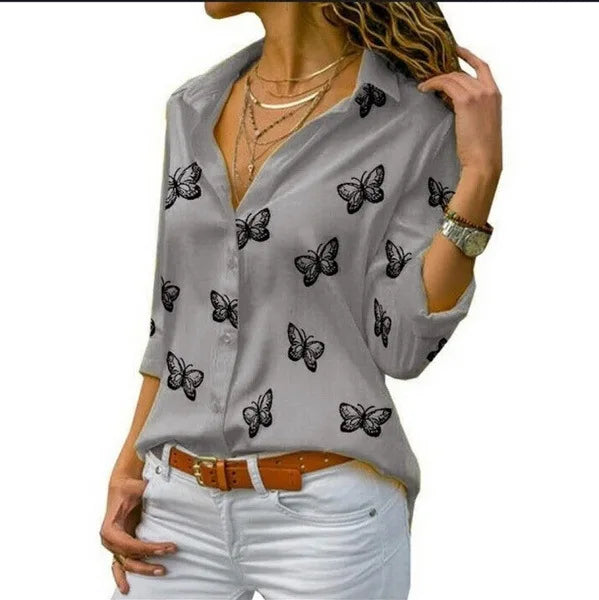 Women’s Butterfly-Print Button Shirt – Relaxed Three-Quarter Sleeve Style for Everyday Wear
