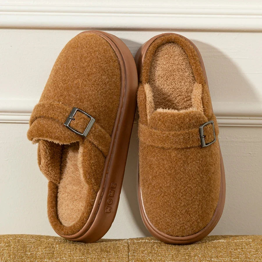 Women’s Plush Indoor Slippers – Buckle-Strap House Shoes with Cushioned Non-Slip Sole