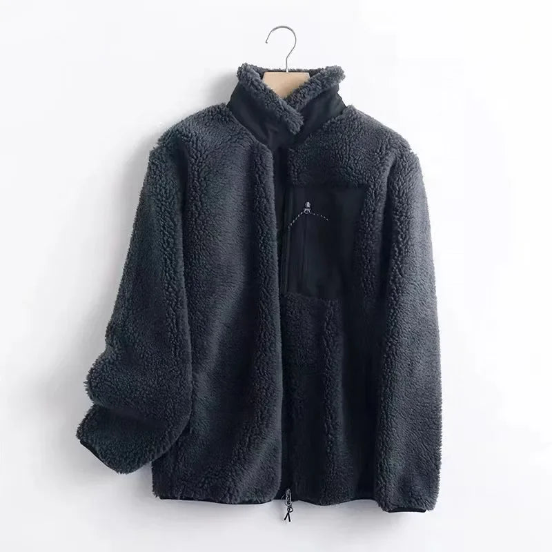 Unisex Sherpa Fleece Jacket – Relaxed Zip-Up Layer with Utility Chest Pocket