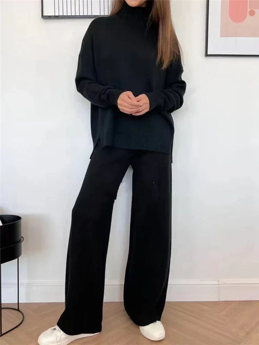 Women’s High-Neck Knit Co-Ord Set – Relaxed Longline Pullover with Straight-Leg Trousers for Casual Lounge Wear