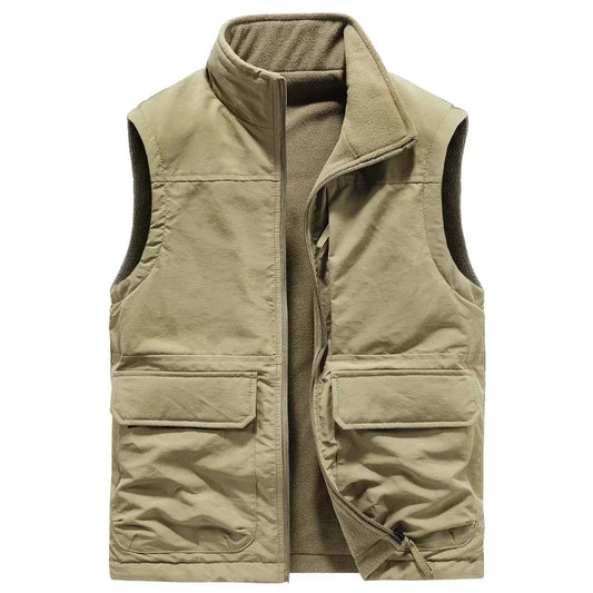 Men’s Reversible Fleece Vest – Multi-Pocket Sleeveless Winter Layer with High Stand Collar