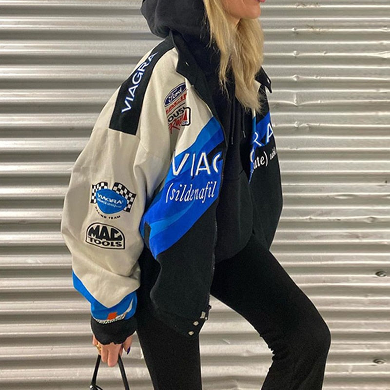 Women’s Oversized Graphic Racing Bomber Jacket – Retro Streetwear Layer