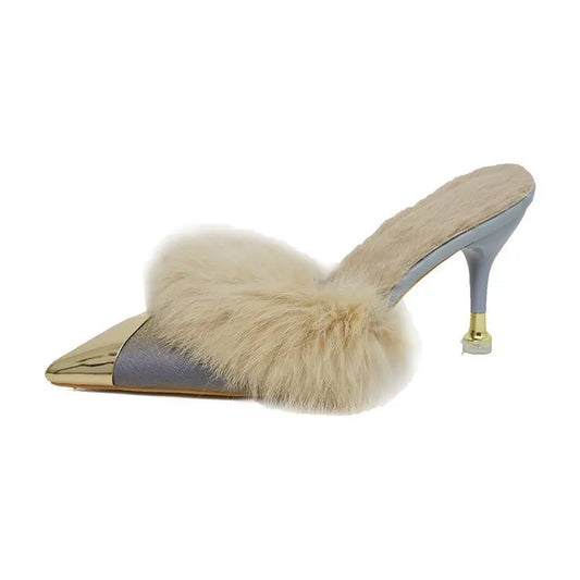 Women’s Faux-Fur Heeled Mules – Pointed-Toe Slip-On Shoes with Sculpted Kitten Heels