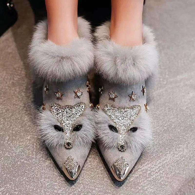 Women’s Faux-Fur Rhinestone Ankle Boots – Pointed-Toe Block-Heel Winter Boots for Evening Wear