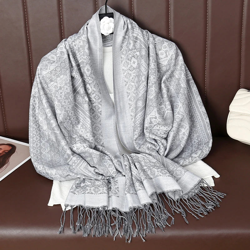 Women’s Soft Polyester Winter Scarf – Oversized Printed Tassel Wrap for Elegant Autumn and Winter Layering
