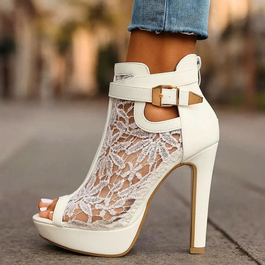Women’s Peep-Toe Platform Ankle Boots – Buckled High Block Heels for Evening Wear