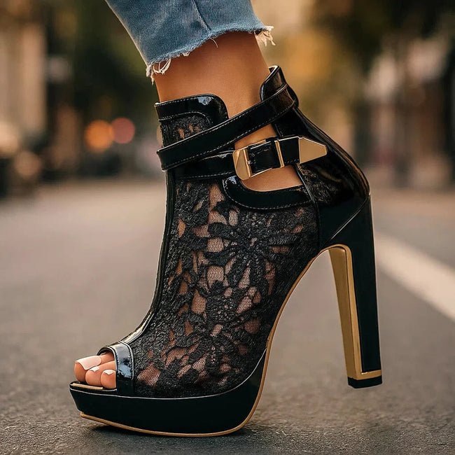 Women’s Peep-Toe Platform Ankle Boots – Buckled High Block Heels for Evening Wear