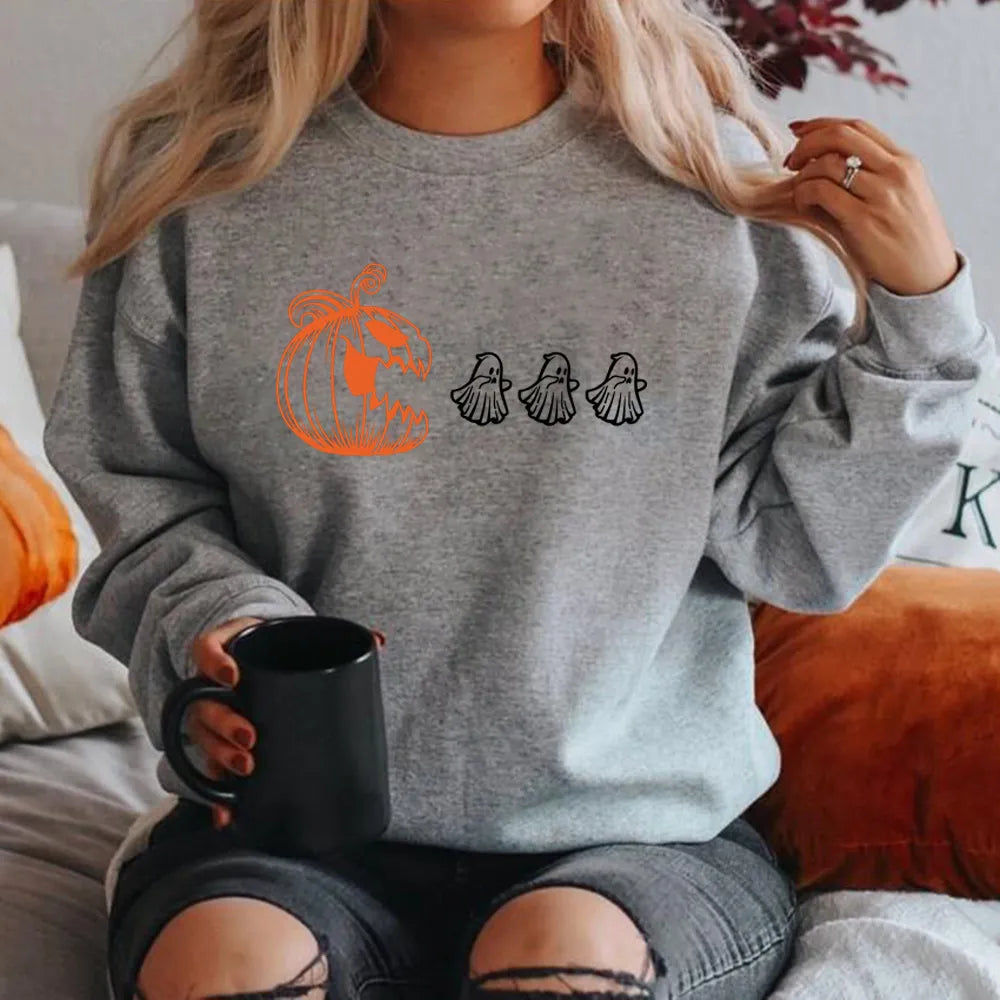 Women’s Halloween Pumpkin Graphic Sweatshirt – Relaxed Long-Sleeve Pullover for Autumn Casual Wear