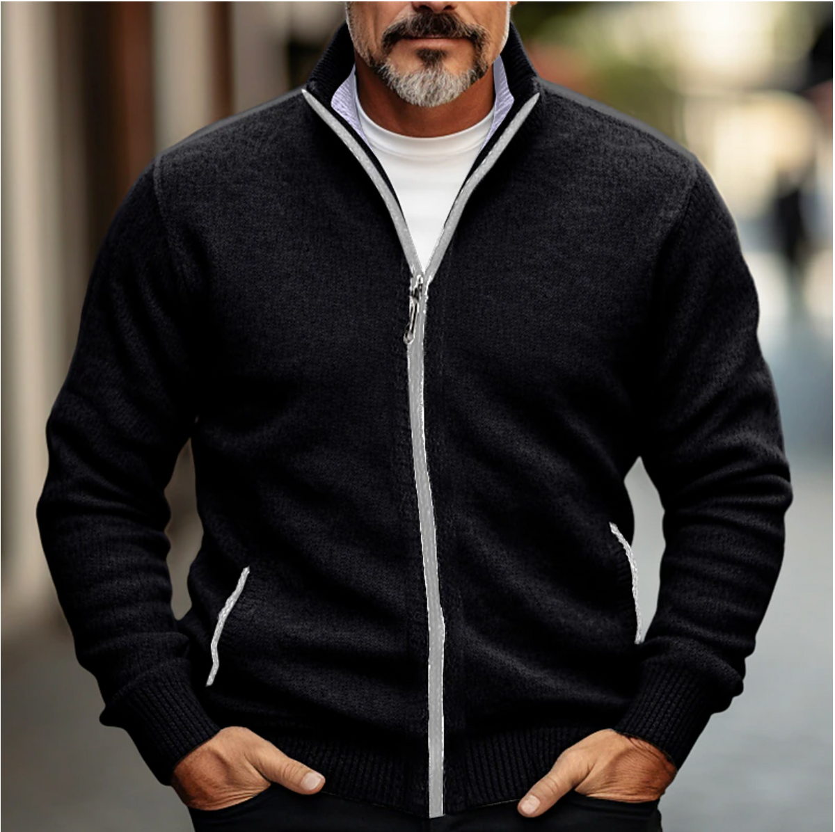 Men’s Full-Zip Knit Cardigan – Stand-Collar Layer for Smart Casual Autumn and Winter Wear