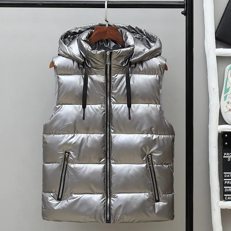 Men’s Hooded Puffer Winter Vest – Glossy Padded Sleeveless Zip-Up Gilet with Pockets