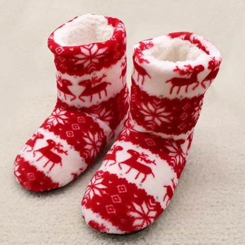 Women’s Festive Slipper Boots – Plush Winter House Shoes with Fold-Over Cuffs