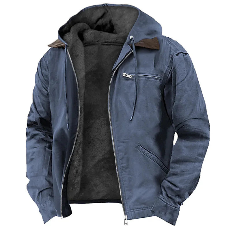 Men’s Fleece-Lined Hooded Jacket – Zip-Up Winter Coat with Multi-Pocket Utility Design