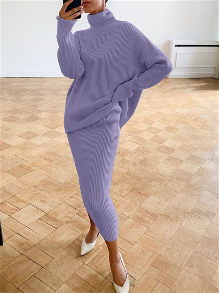 Women’s Turtleneck Knit Skirt Set – Relaxed Long-Sleeve Jumper with Slim Midi Skirt for Autumn Wear