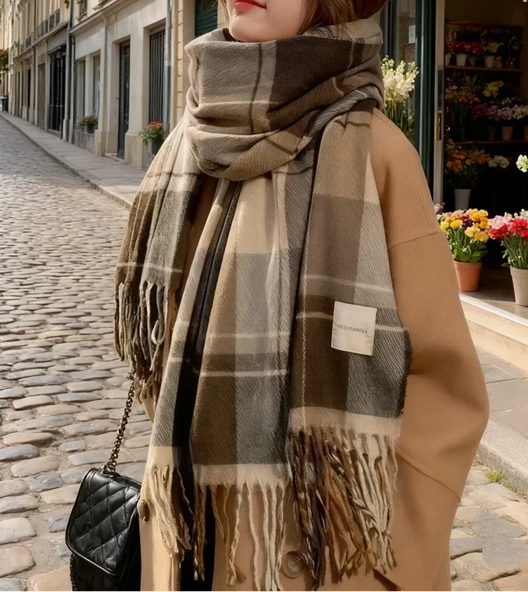 Unisex Oversized Winter Scarf – Soft Checked Wrap with Fringed Tassel Edges