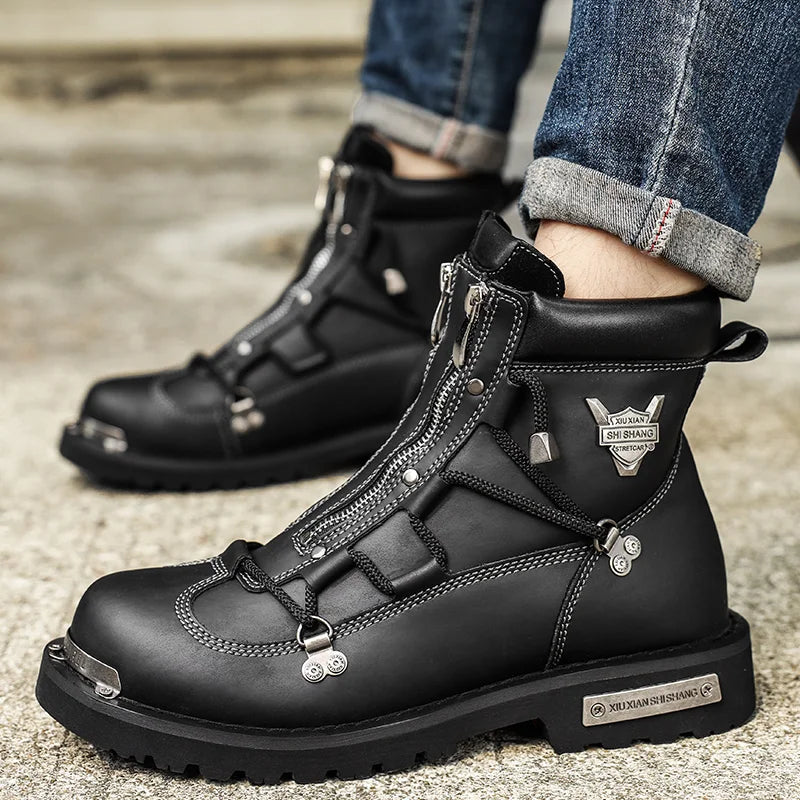 Men’s Waterproof Plush-Lined Snow Boots – Front-Zip Lace-Up Ankle Boots with Anti-Slip Sole
