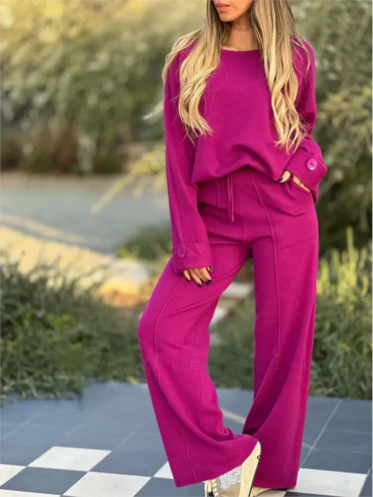 Women’s Relaxed Long-Sleeve Co-Ord Set – Soft Drawstring Wide-Leg Trousers for Everyday and Leisure Wear