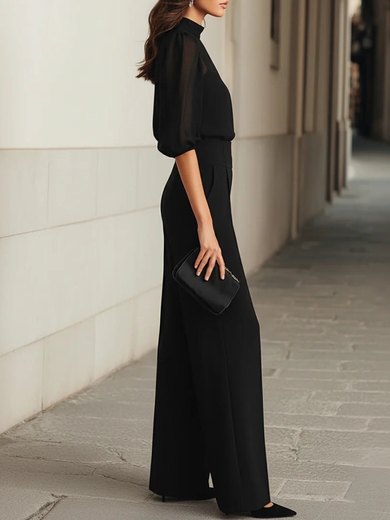 Women’s Three-Piece Occasion Trouser Set – Sheer Puff Sleeve Top for Evening Events