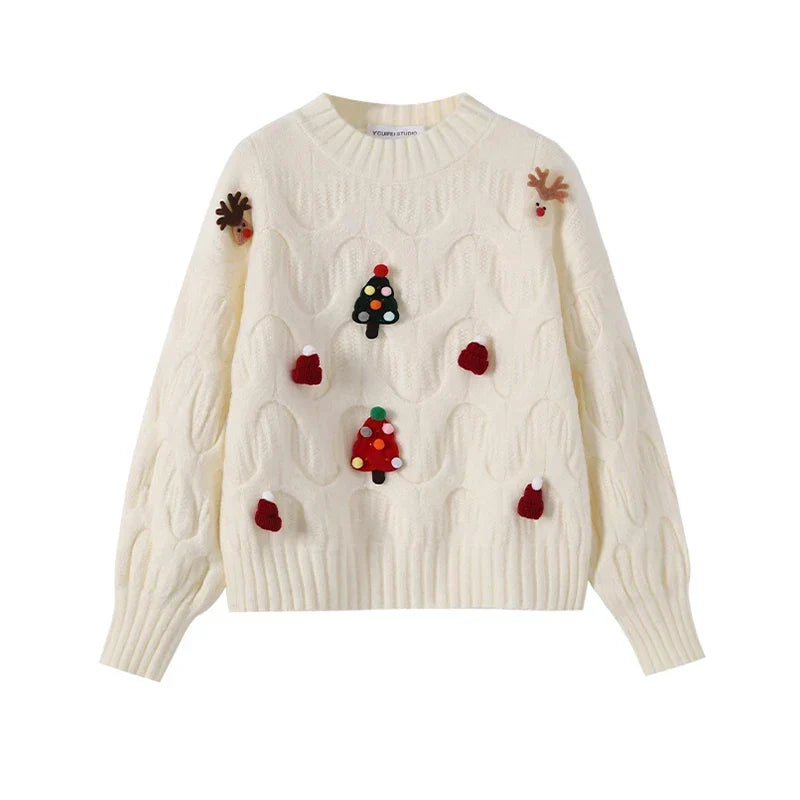 Women’s Festive Cable Knit Sweater – 3D Christmas Appliqué Pullover with Balloon Sleeves