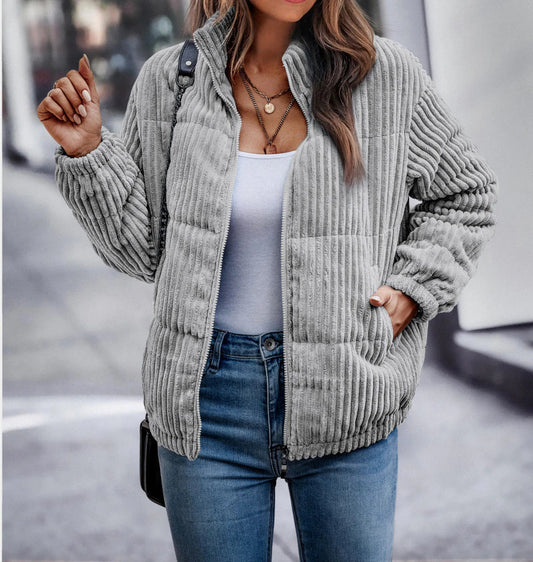 Women’s Ribbed Corduroy Jacket – Relaxed Zip-Up Layer for Casual Winter Styling