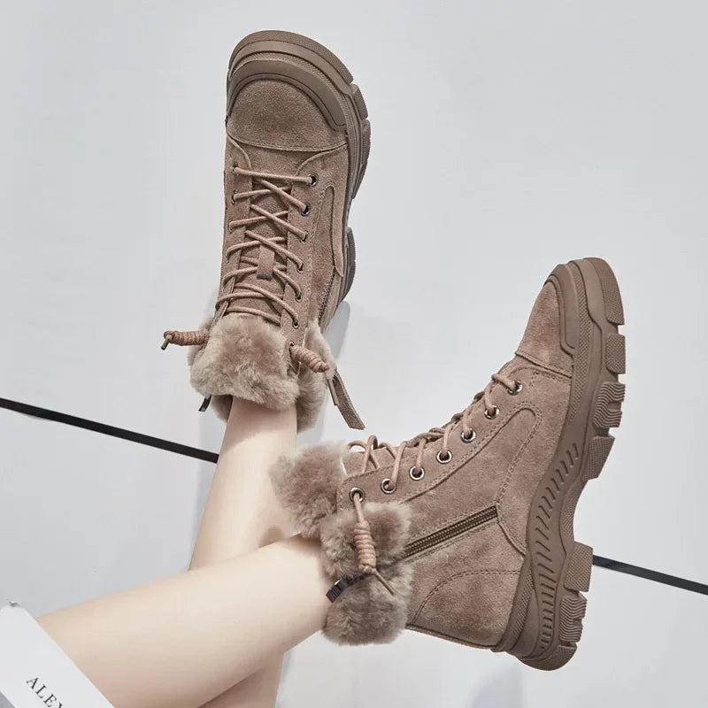 Women’s Genuine Leather Plush-Lined Snow Boots – Lace-Up Chunky Sole Winter Ankle Boots with Anti-Slip Tread