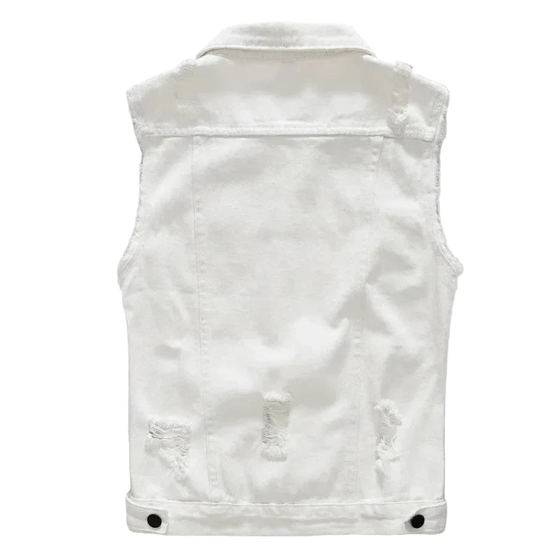 Men’s Distressed Sleeveless Denim Vest – Button-Front Trucker Layer with Frayed Armholes and Chest Pockets